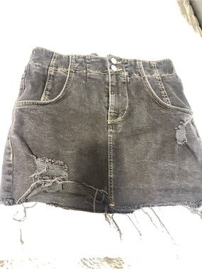 Free People Distressed Black Mini Denim Skirt